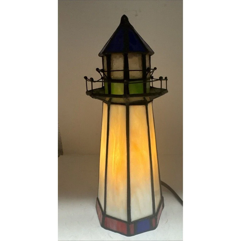 Tiffany Style Stained Slag Glass Lighthouse Accent Lamp Beach Shore WORKS